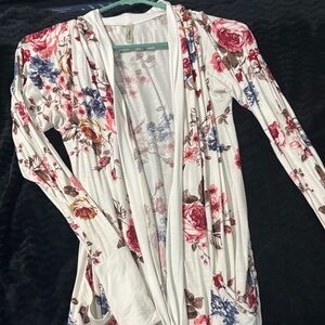 Magic Fit Floral Cardigan - White with Red and Blue Accents